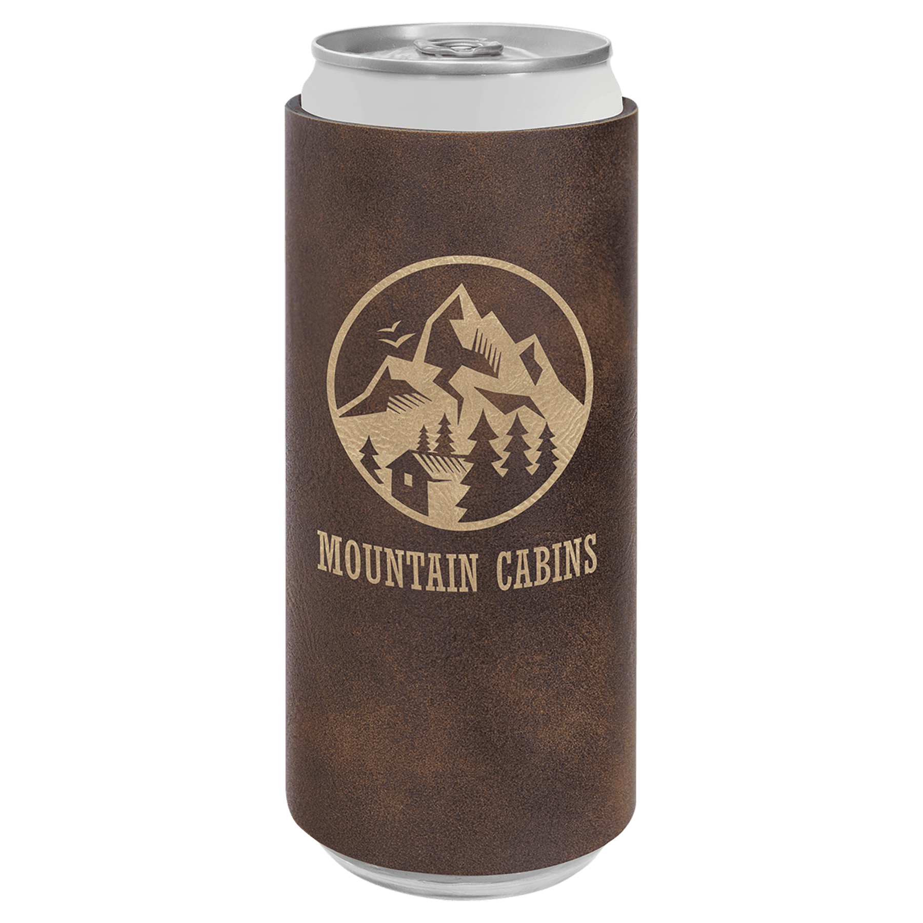 Rustic brown slim line can cooler mockup